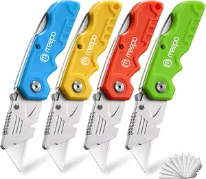 M MEEPO Box Cutter, 4-Pack Tough Folding Box Cutter for Heavy Duty Purpose, Razor Sharp Blade, Comfortable Handle, with Extra 10-Piece Blades, Can cut Drywall, Sheet Plastic, Linoleum, Boxes, Rope