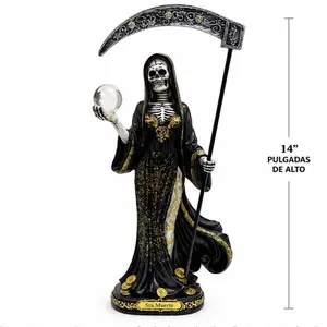 Black Holy Death with Crystal Ball & Scythe (Santa Muerte Negra) – Resin Statue, 14-Inch Tall
