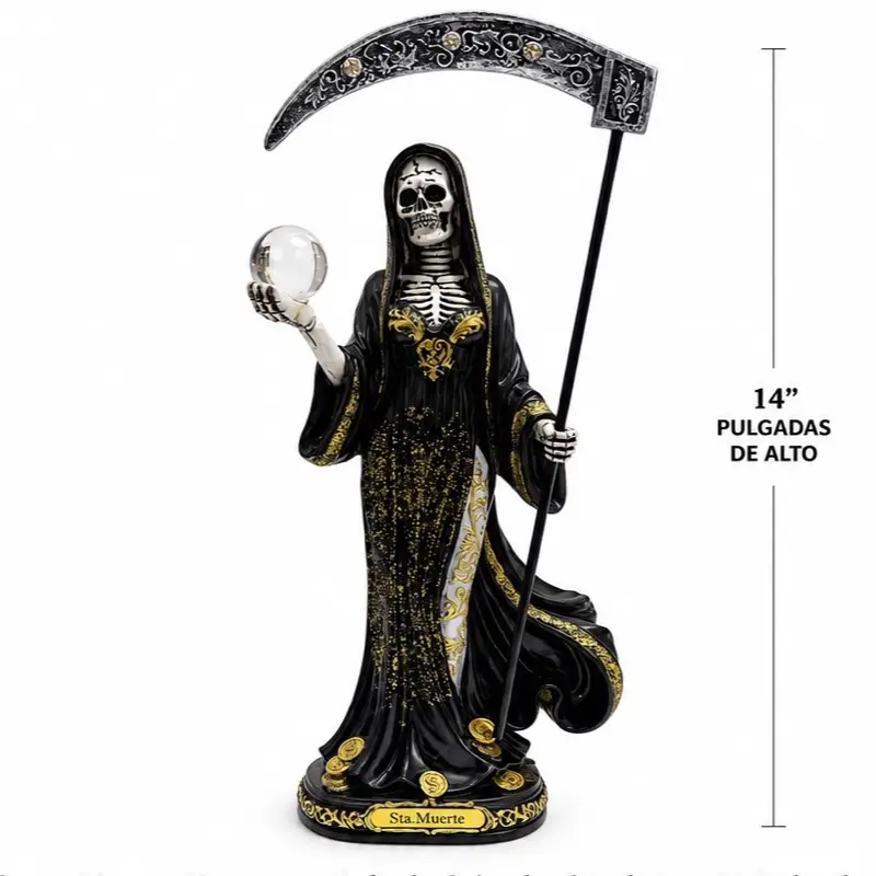 Black Holy Death with Crystal Ball & Scythe (Santa Muerte Negra) – Resin Statue, 14-Inch Tall