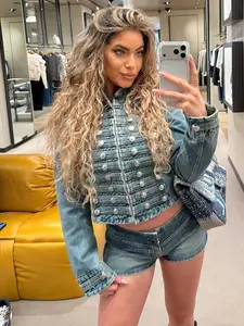 Women's Denim Jacket Wash Denim Jacket Summer Spring Bomber Jacket Mandarin Collar Silver Double-Breasted Buttons Short coat Cropped Length Long Sleeves Chic Faded Gradient Wash Street Style Casual Outings