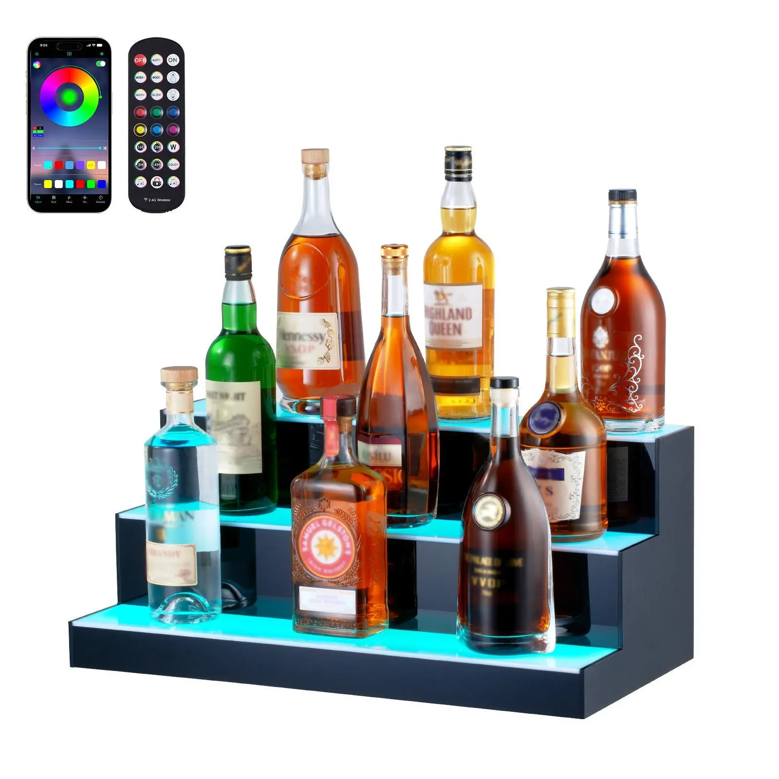 【Summerfinds】VEVOR LED Acrylic Resin Wine Bottle Rack Display Shelf - 3-Tier 24-in, Waterproof 110-240v Power Adapter, RF Remote & App Control Multicolor LED Lights with Music-Sync Modes, for Home Bars, Outdoor Parties, Utensil Storage