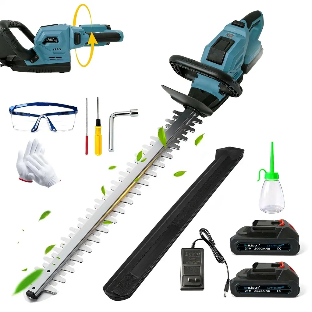 OJOYME 21V Wireless Brushless Motor Bush Trimmer - 22" Cut 22-inch Dual Action SK5 Blades, 3/4in Max Cutting Thickness, Rotate Handle 180-Rotating, Lightweight Electric Pruning Tool with Safety Lock for Senior Gardeners, Courtyards, Gardens, Small Trees
