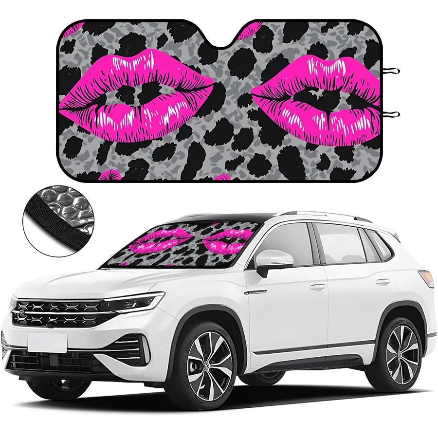 Car Window Sun Shade Foldable with Suction Cups, Pink Lips and Leopard Print Design, Blocks Sun Glare for Windshield, Front/Rear Windows, UV Protection for Summer Driving, Parking, Road Trips