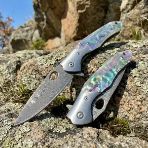 Damascus Pocket Knife for Women Men, Sharp 3.54" Damascus Steel Blade Knife with Clip, EDC Hunting Knives with Abalone Shell Handle, Gift for Camping Outdoor