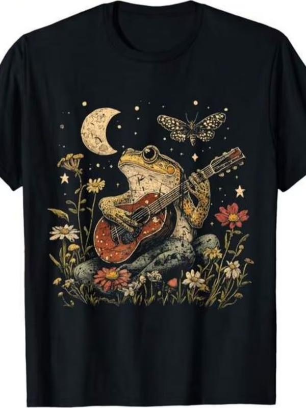 Frog Bohemian Style Cottagecore Vintage Boho Floral TShirt Comfortable Graphic Print Shirt All-Season for Everyday & Outdoor Activities