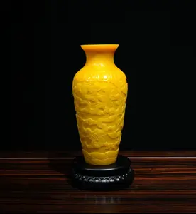 Handcrafted  Glazed Glass 《Chicken Oil Yellow Carved Nine Dragon Vase》 Home Decor Ornament, 10 1/2"