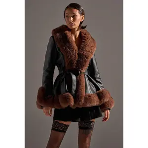KENZY FUR TRIM PEPLUM MOTO IN BLACK BROWN