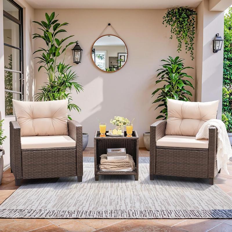 HOMALL 3 Pieces Patio Furniture Set, PE Rattan Wicker Patio Set with Two Outdoor Chairs and Table, Upgraded Patio Chairs and Table for Porch, Garden Poolside Balcony