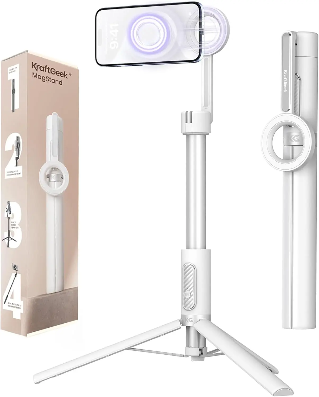 KraftGeek 64" Magnetic Phone Tripod for iPhone MagSafe, Reinforced Aluminum Selfie Stick Tripod Stand for Video Recording, Vlogging & Travel Content Creators