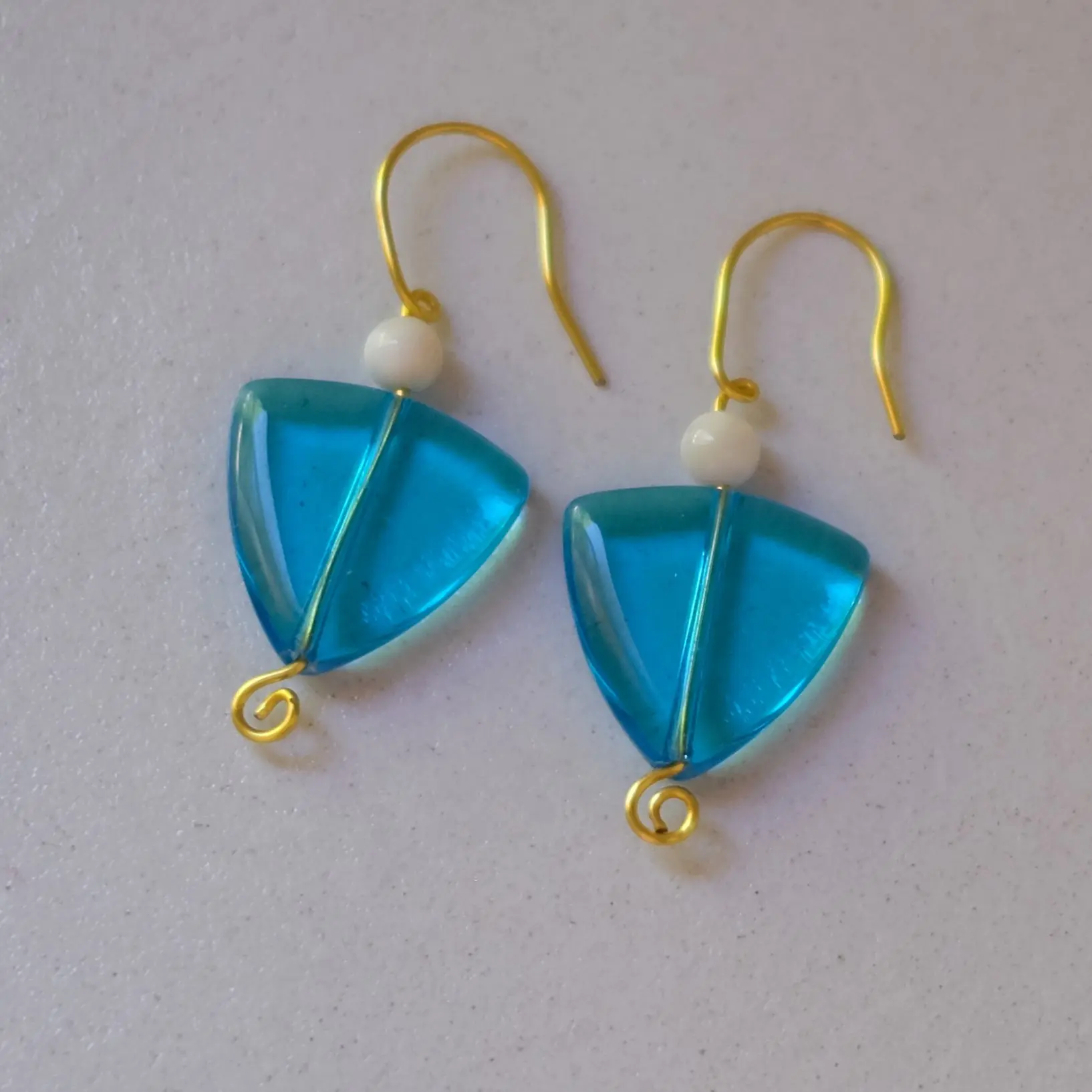 Cyclades Drop Earrings, Sea Blue Translucent Glass Triangle Drop Earrings with Matte White Accent Beads | Lightweight Greek Island Ocean Beach Dangles | Handcrafted Summer Vacation Jewelry Gift