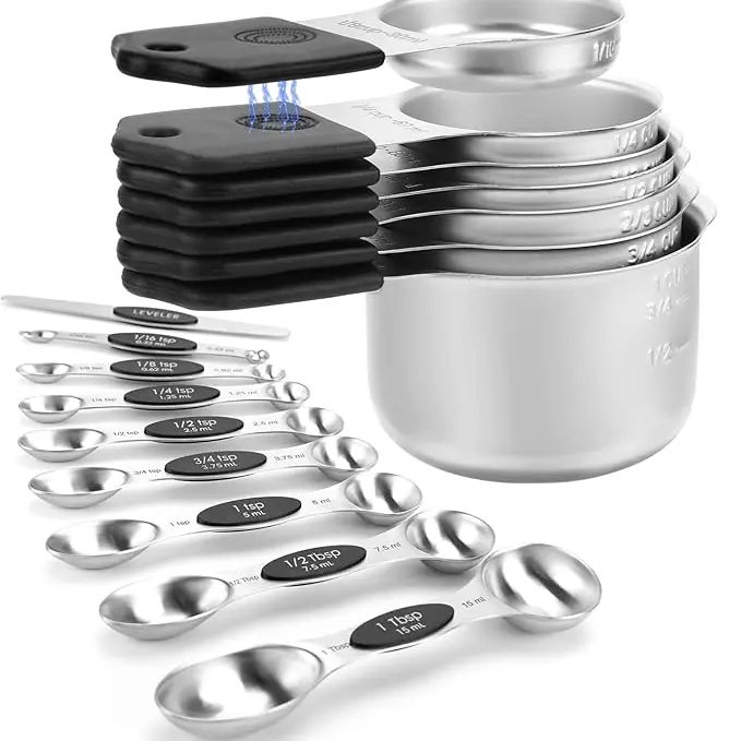 Kitchen 16-Piece Stainless Steel Measuring Cup and Spoon Set - Sturdy Black Magnetic Utensils with Space-Saving Design, Precise 1 Cup/1 tbsp for Solids/Liquids, Ideal for Home Baking/Cooking
