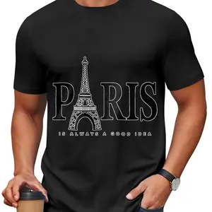 Men's Paris Eiffel Tower Graphic Tee - Artistic Landmark Slogan Short Sleeve T-Shirt - Urban Travel Aesthetic Crewneck Menswear