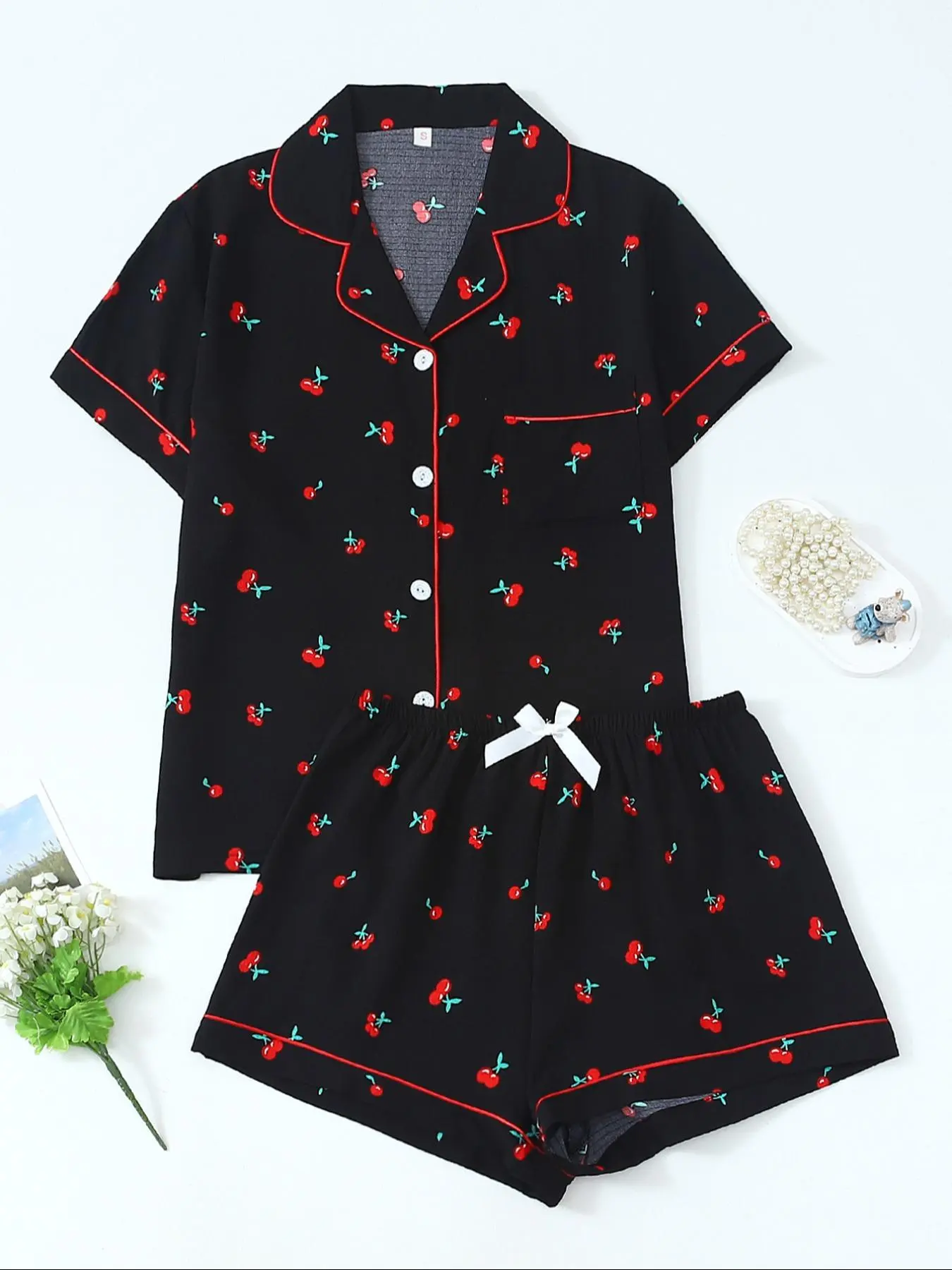 Women's Cute Cherry Print Short Sleeve Pajama, Casual Comfortable Pocket Lapel Shirt & Elastic Waist Shorts PJ Set, Ladies Sleepwear for All Seasons, Loungewear, Womenswear, Pyjamas Set, Pajamas