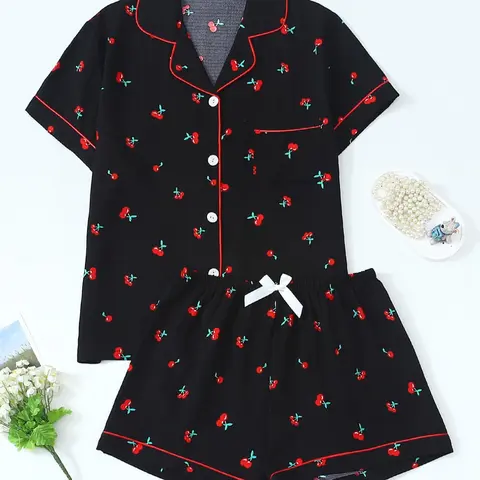 Women's Cherry Print Short Sleeve Pajama, Casual Comfortable Pocket Lapel Shirt & Elastic Waist Shorts PJ Set, Ladies Sleepwear for All Seasons, Loungewear