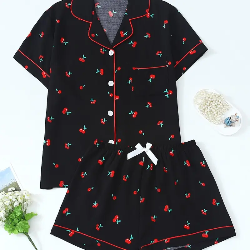 Women's Cherry Print Short Sleeve Pajama, Casual Comfortable Pocket Lapel Shirt & Elastic Waist Shorts PJ Set, Ladies Sleepwear for All Seasons, Loungewear