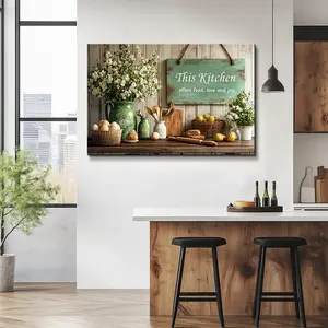 Vintage Kitchen Wall Art Wrapped Canvas Decor - 18x12 inches Rustic Farmhouse This Kitchen Offers Food Love and Joy Painting Picture for Dining Room, Ready to Hang
