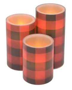 Buffalo Plaid Holiday Flameless LED Pillar Candles, Set of 3, Rustic Christmas Decor, Battery Operated Decorative Candles, Cozy Winter Home Accents