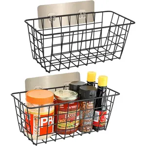 2 Pack Hanging Wall Basket Wire Storage Baskets, Adhesive Basket for Cabinet Door Organizer No Drilling, Hanging Fruit Baskets for Kitchen, Pantry Organization, Bathroom, Black