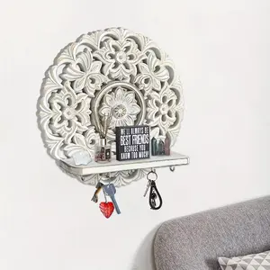 Country Style Painted Wood Wall Mounted Shelf with Hooks, Bedroom Decor Jewelry Storage Rack, Wall Decoration