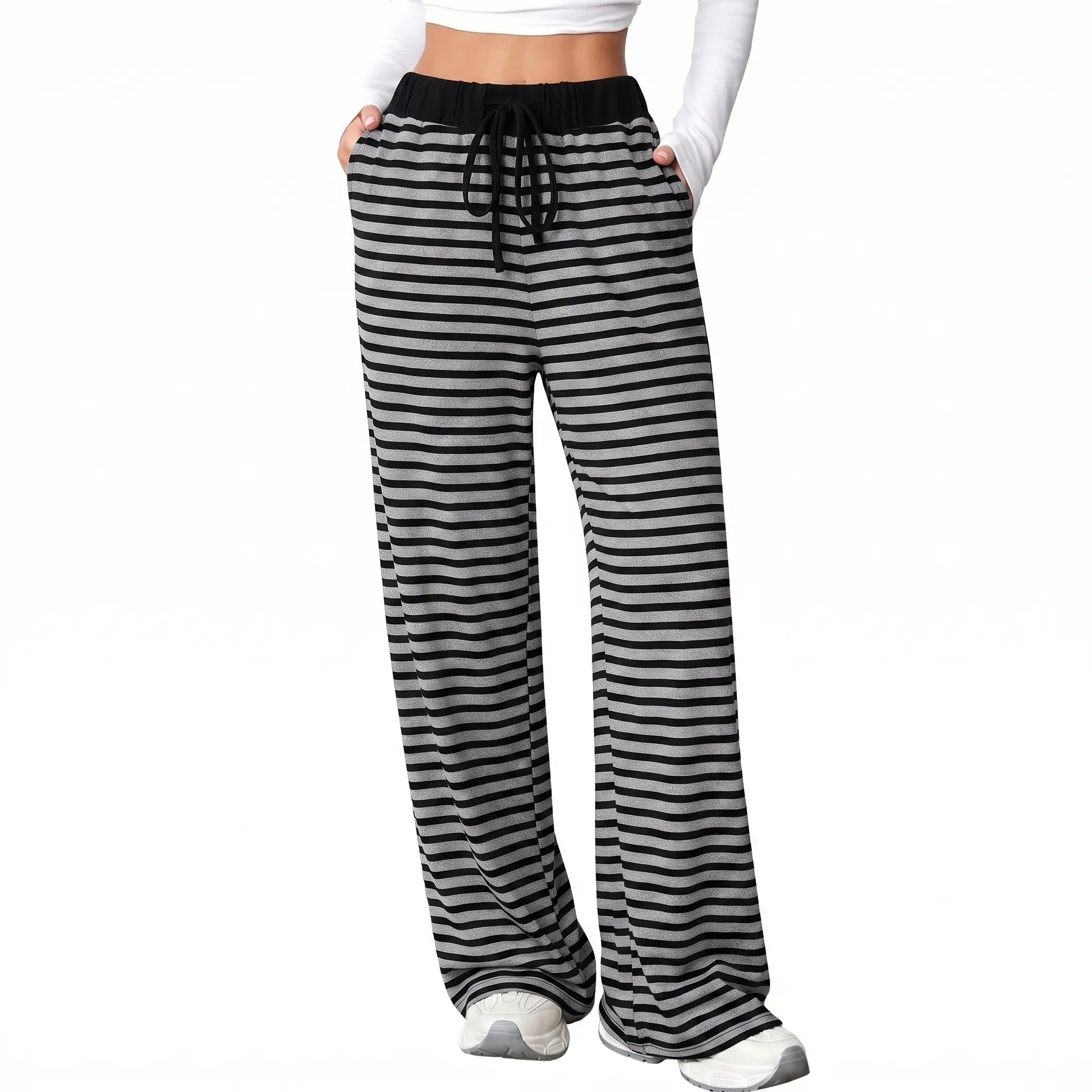 Aleumdr Striped Straight Leg Pants for Women with Elastic Waist Drawstring Loose Fit Casual Lounge Trousers with Pockets Womenswear Bottoms