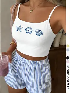 Women's Summer Beach Vacation Set, Starfish Shell Print Halter Top + Blue Striped Shorts, Soft Comfortable, Casual All Seasons, Womenswear