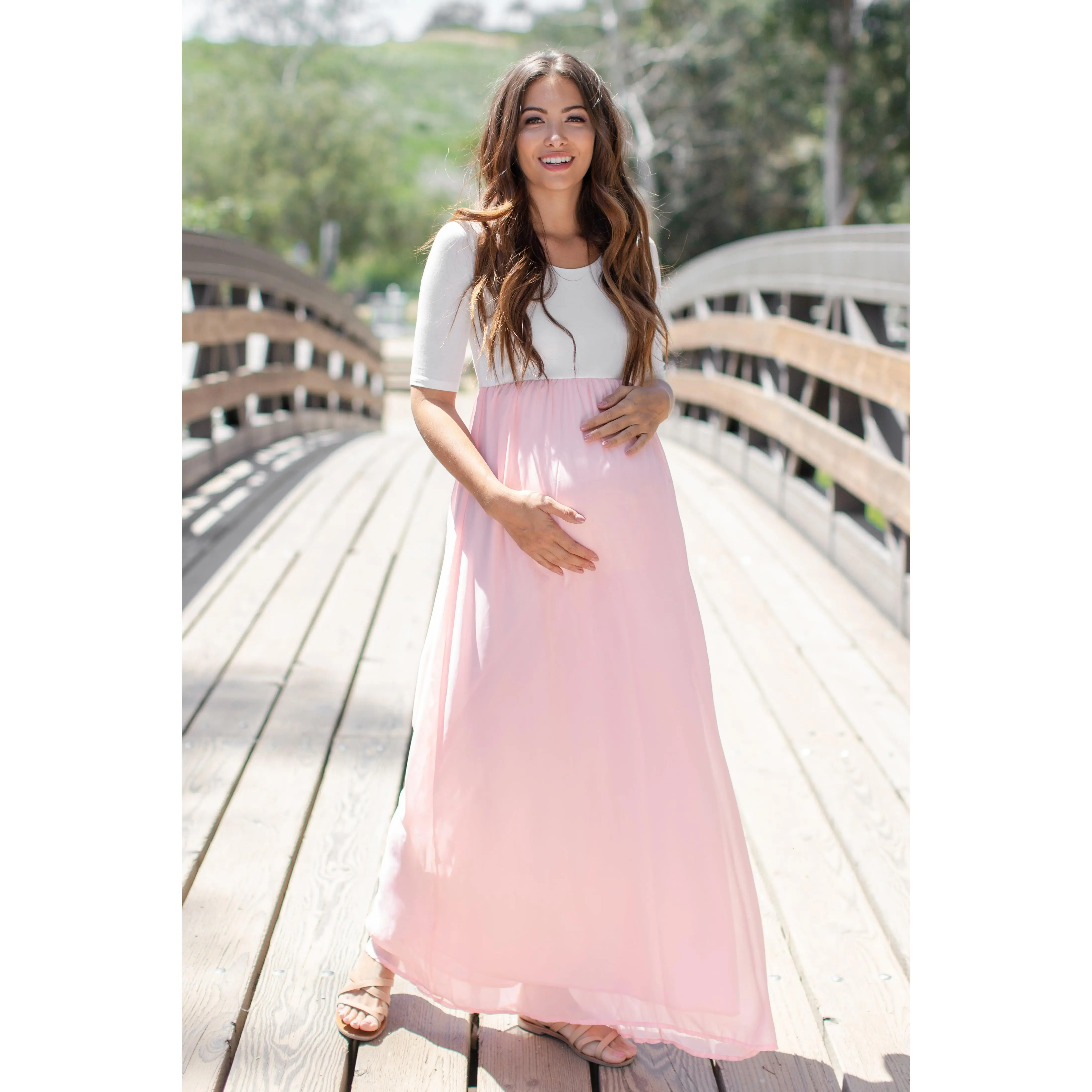 PinkBlush Petite Light Pink Chiffon Colorblock Maternity Maxi Dress, Maternity Wear, Empire Waist