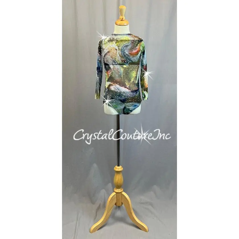 Custom Swirled Multi Colored Leotard with Mesh Midriff & Long Sleeves - Rhinestones