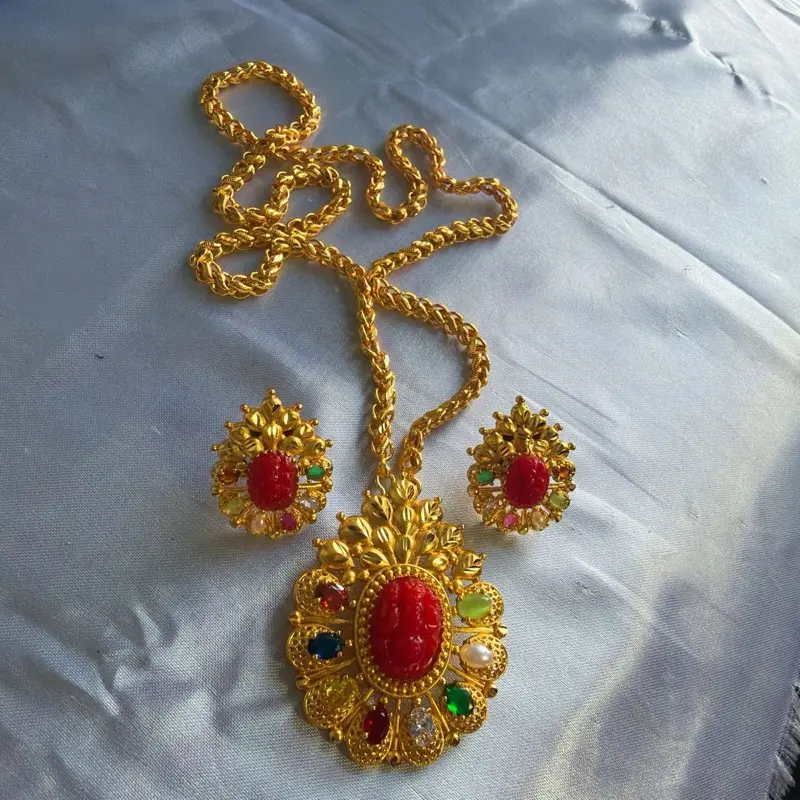 Gold-Colored Jewelry Sets - Gold Tone Navratna 3-Piece Set with Locket, Chain, and Matching Earrings, Casual Jewelry Sets, Set Jewelry Sets