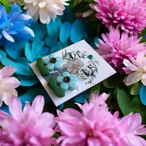 Handmade Polymer Clay Bead Flower Earrings Baby Blue Waterproof Floral Design Jewelry