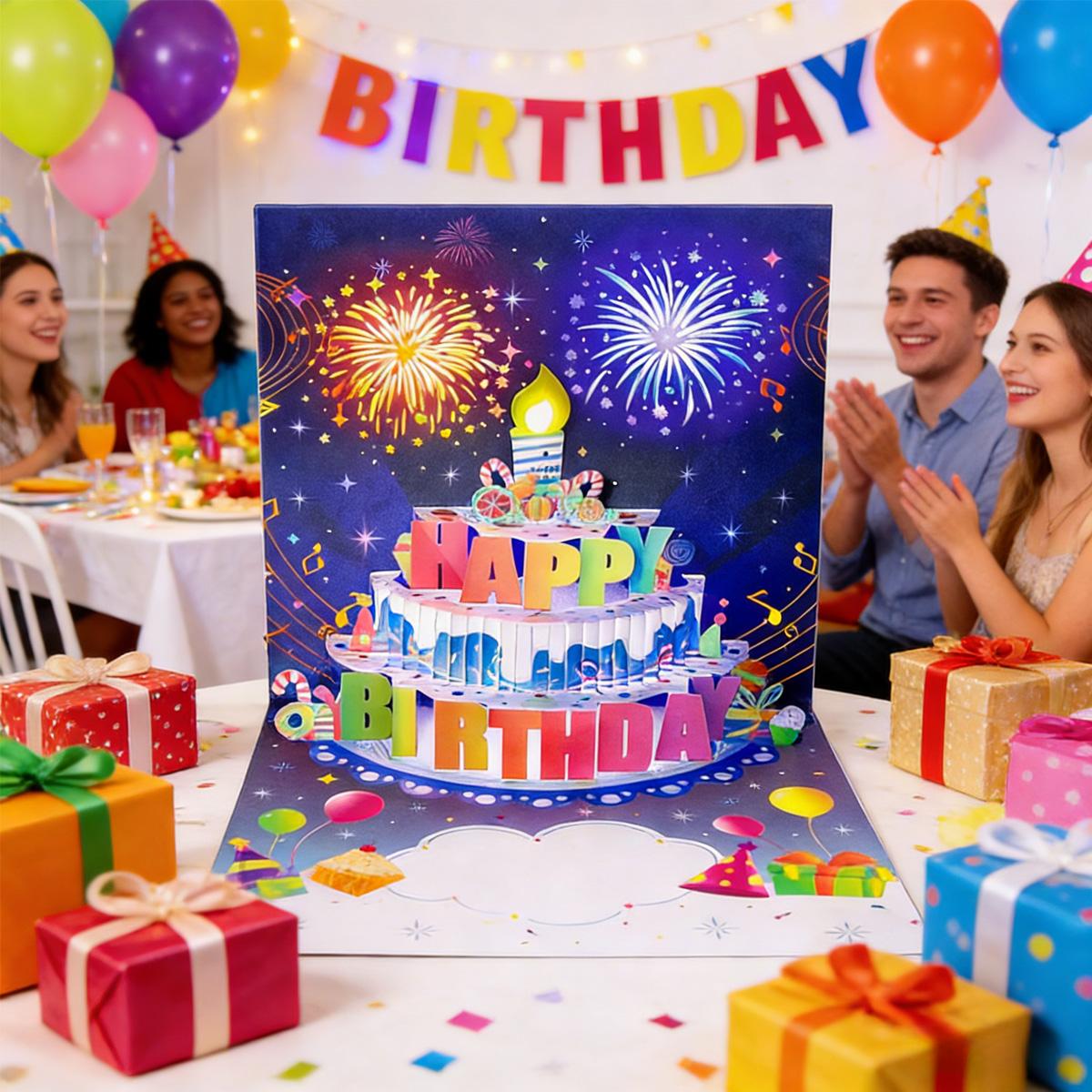 Blowable Firework Birthday Cards 3D Pop Up , Musical LED Lights Birthday Cards with Birthday Cake, Greeting Cards, Birthday Gifts for Mom Women Men Kids Child Dad Father Wife