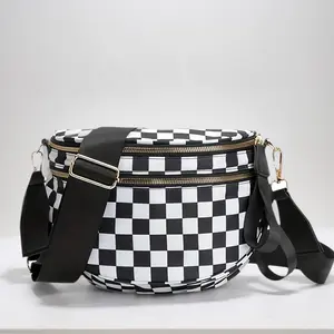 Women's Large Capacity Lightweight Crossbody Bag, Crossbody Purse with Zipper Closure, Everyday, Travel, Beach Bag in Black/Checkered, Durable Polyester Handbag for Women