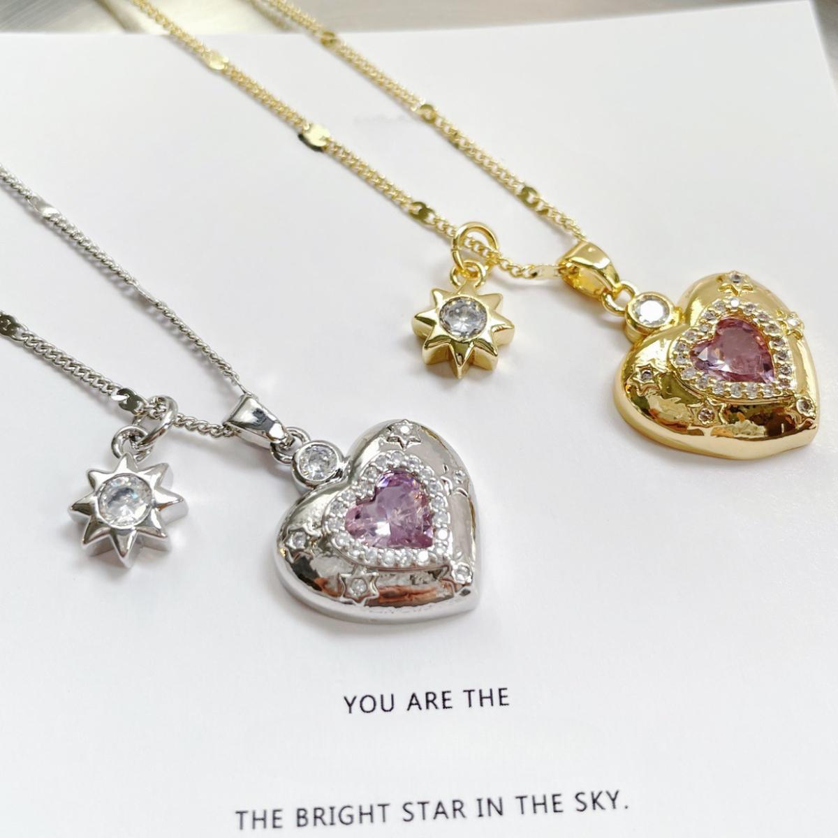 Cute Puffy Heart Sparkle Pendant Necklace, Dainty Pink Charm Detail, Elegant Feminine Statement Jewelry, Stackable Everyday Accessory, Perfect Gift for Fashion Lovers