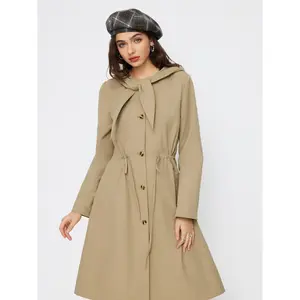 Cider Hooded Round Neckline Drawstring Knotted Oversized Trench Coat
