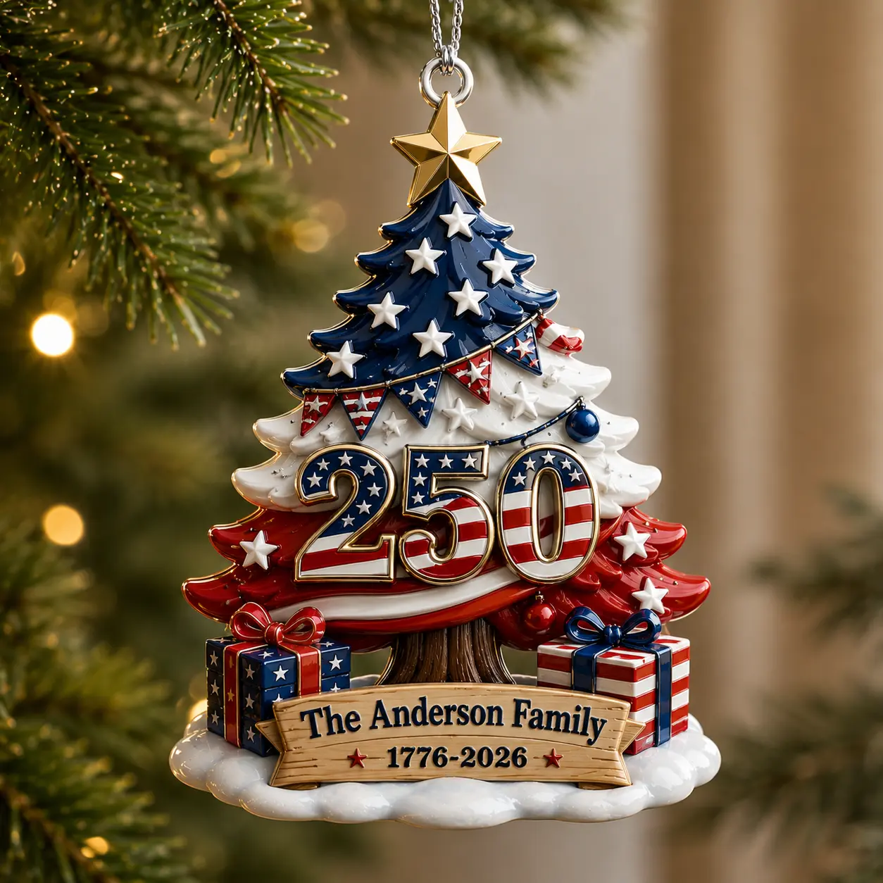 2026 Personalized USA 250th Anniversary Christmas Ornament - Custom Family Name, Festive Home Christmas Decoration