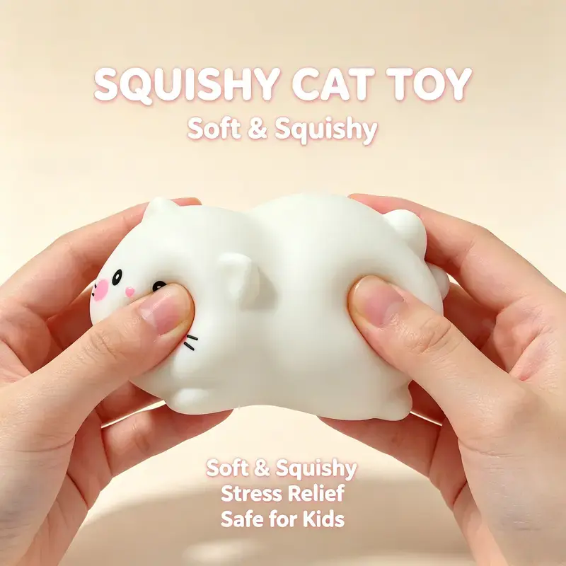 Crunchy Sound Cat Squishy Selfie Accessory Companion, Soft Squeeze Fidget Sensory Item, Small Size Cute Look Squishies for Grown Ups, Portable Stress Relief Desk Gift for Teens Adults