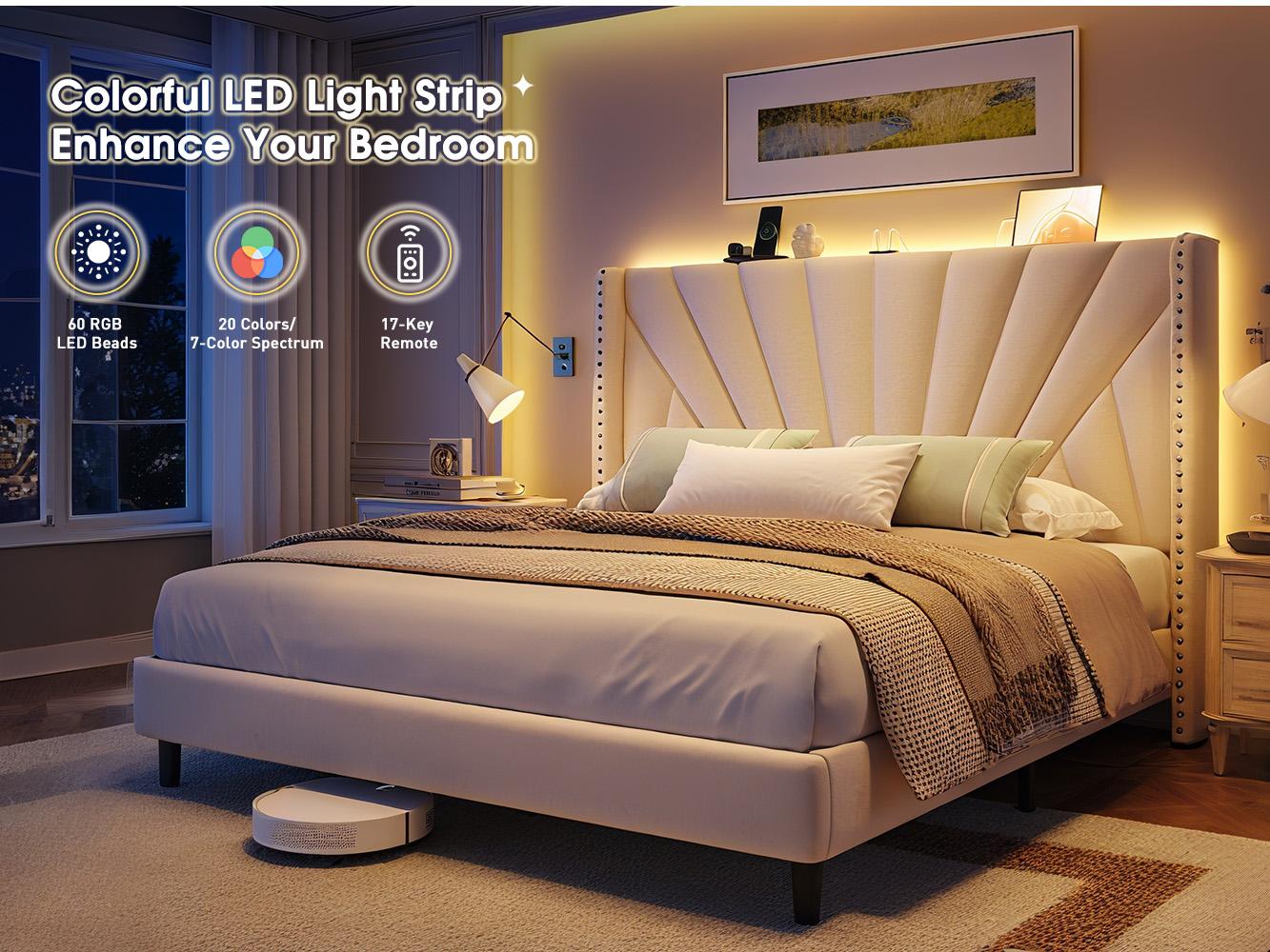 Solid Wood Queen/King Size Bed Frame with 51" Velvet Upholstered Headboard, up to 900 LBS Foundation with All Sturdy Metal Support,Headboard with Charging Station and LED Lights, Wingback Headboard, No Box Spring Needed, Noise-Free,Easy Assembly