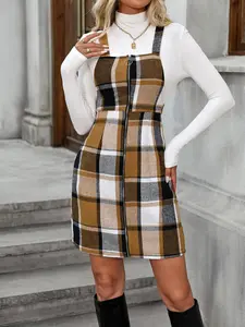 Women's Plaid Print Zipper Pinafore Dress, Casual Sleeveless Short Dress for Daily Wear, Ladies Clothes for All Seasons