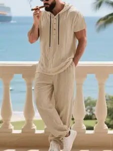 Men's Casual Linen Hoodie Set, Fall Fashion Loose Fit Short Sleeve Henley Shirt & Long Pants, European Style Comfortable