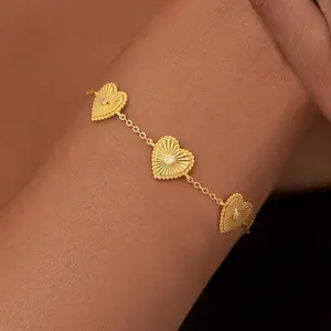 Tewiky Gold Five-Charm CZ Heart Bracelet with Laser Floral Details – Christmas Jewelry Gift for Her