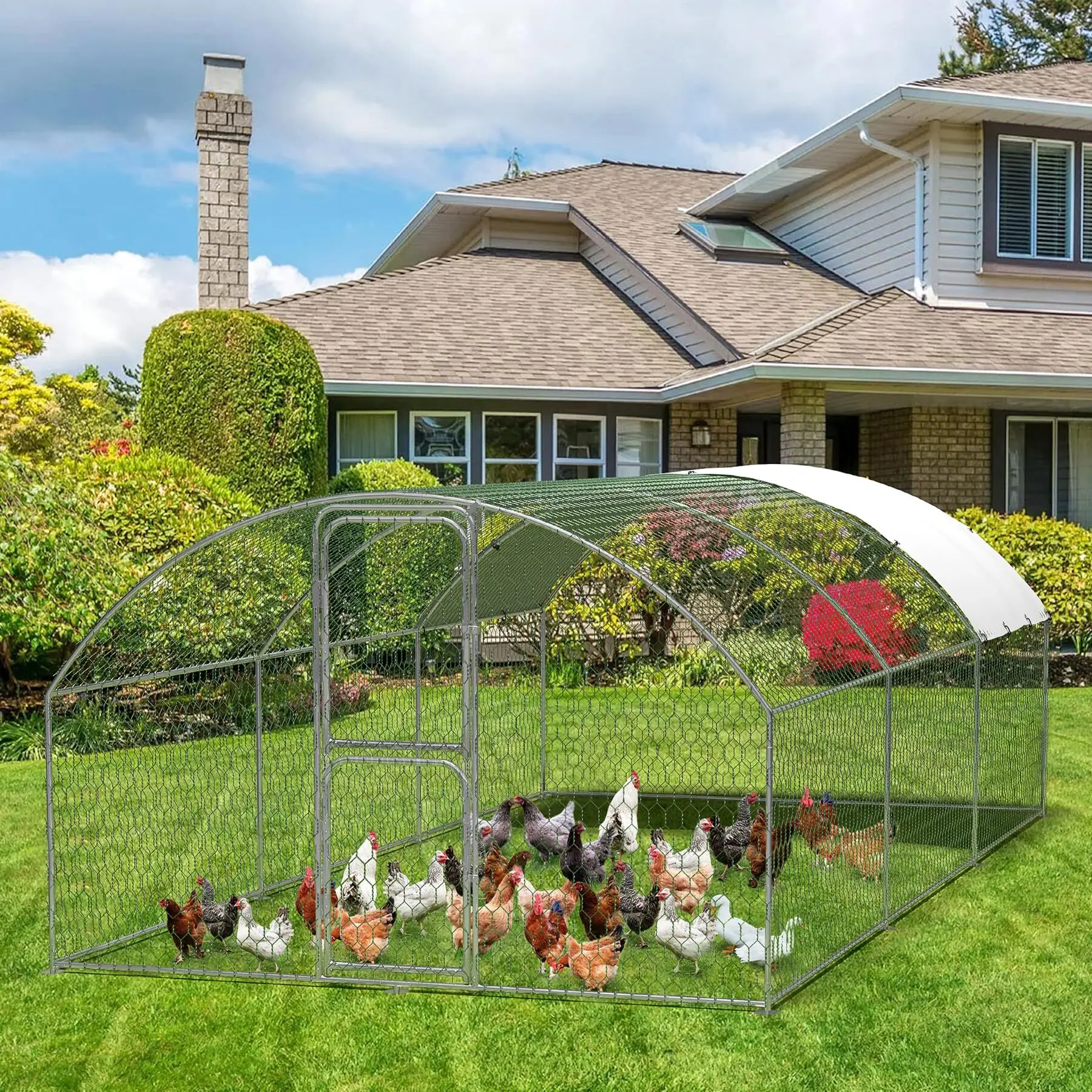 Heavy-Duty Galvanized Steel Chicken Coop with Hexagon Mesh & 210D Oxford Cover | Weatherproof UV-Protected Outdoor Poultry Cage | Spacious Walk-In Enclosure for Backyard Chickens, Ducks, Rabbits