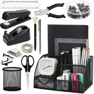 13-in-1 desk organizer set, includes stapler, tape dispenser, pen holder, scissors, ruler, hole punch, 2 pens, and other desktop accessories, suitable for back-to-school supplies (black)