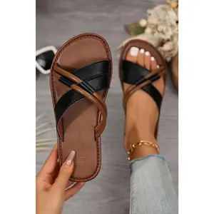 Black Criss Cross PU Leather Flat Slippers