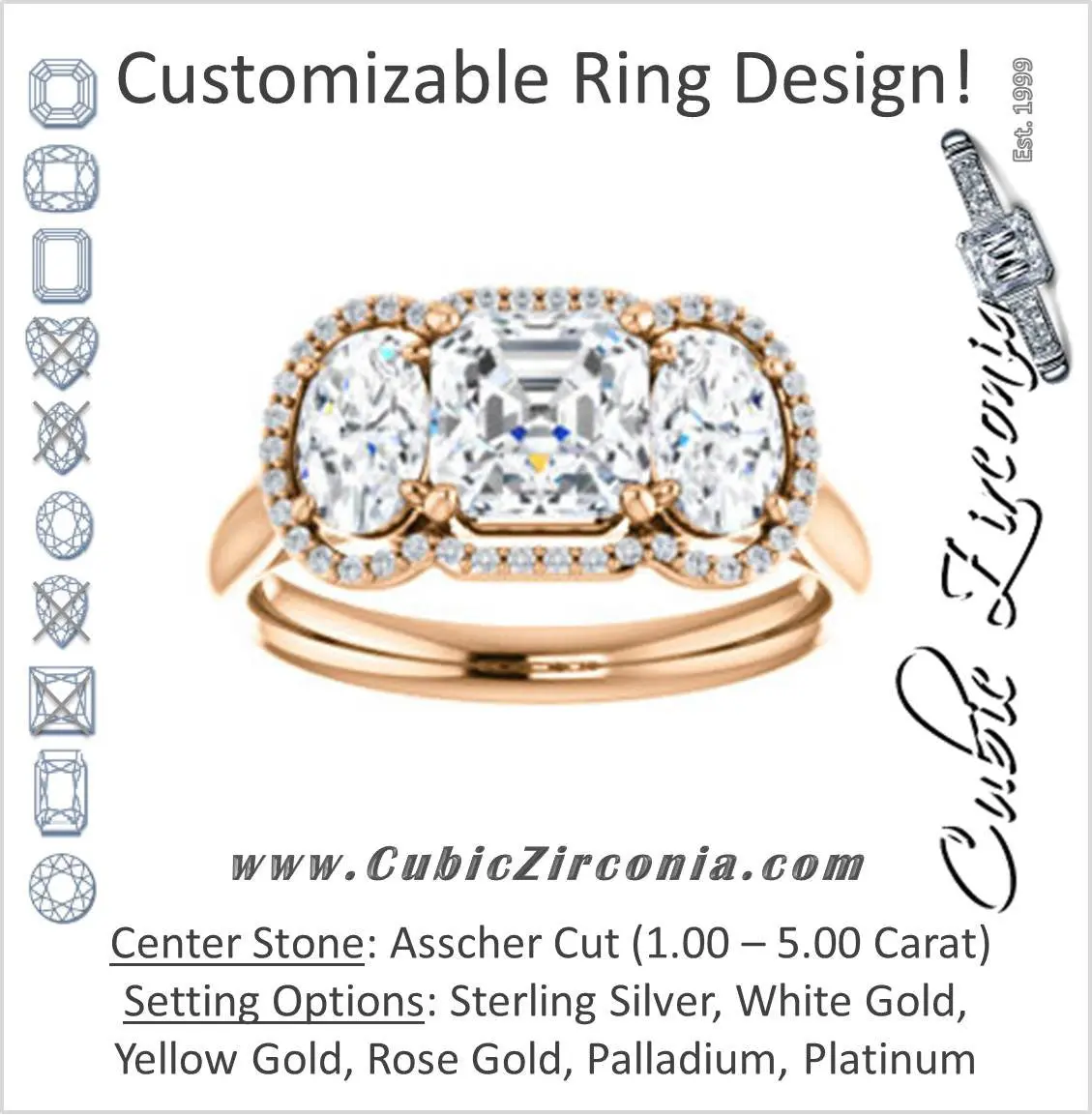 Cubic Zirconia Engagement Ring- The Carissa (Customizable Asscher Cut 3-stone Halo Style with Oval Accents)