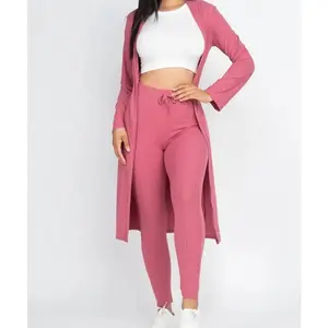 Ribbed Long Cardigan & Leggings Set - Soft Stretchy Women's Knitwear in Dark Mauve - High Stretch Polyester Spandex Fabric - Casual Korean OL Style All Seasons Above the Ankle Long Sleeve Short Length