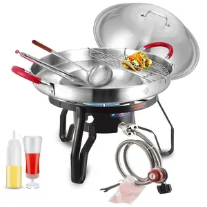 ARC Stainless Steel 20" Mexican Comal Griddle Pan and 55000BTU Propan Bunner,Large Cookware Set, Domed Lid, Cooking Rack, Tongs, Shallow Colander and 2 Squeeze Bottles, Disco Para Cocinar