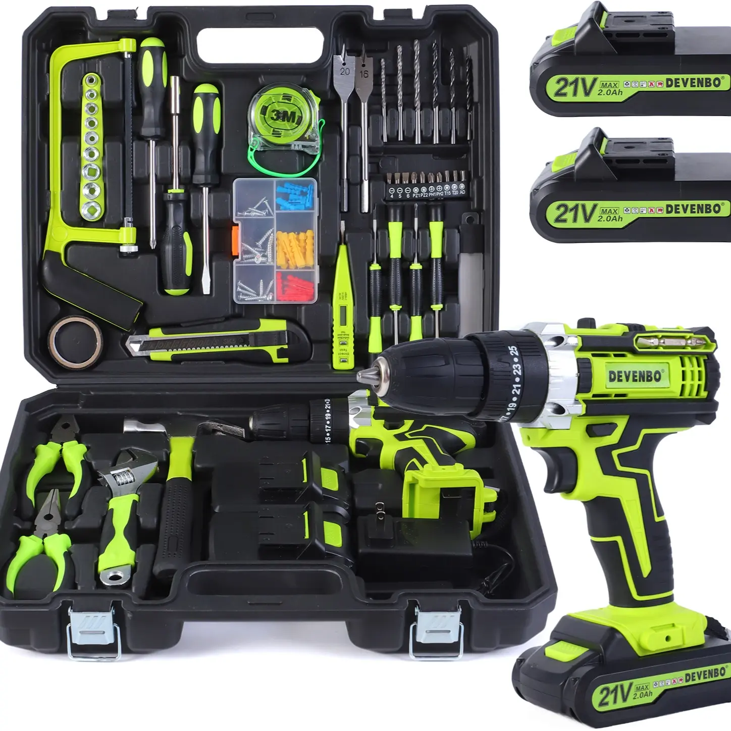 Devenbo 21V Cordless Power  Set with 2 Batteries & Accessories for DIY Projects & Home Repairs Premium Gift Kit Tool Box  Impact Electric Swivel Jack Hammer Chisel Brushless Drill Light and SDS-Plus Rotary Adjustable Speed Concrete Nail Lithium-Ion