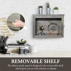 Wall Mounted Gray Wood Display Case, Hanging Shadow Box with Clear Panel on Hinged Door, Metal Latch and Acrylic Shelf
