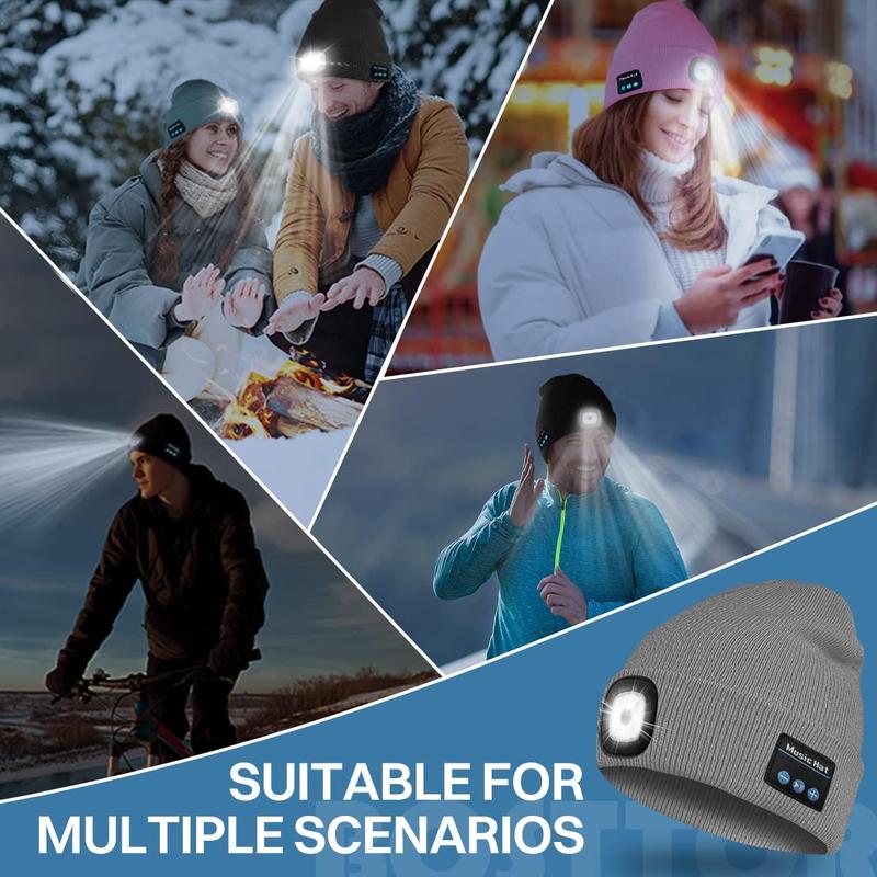 Bluetooth Beanie Hat with Light, Headlamp Cap with Headphones and Built-in Speaker Mic, Gifts for Men Women Teen