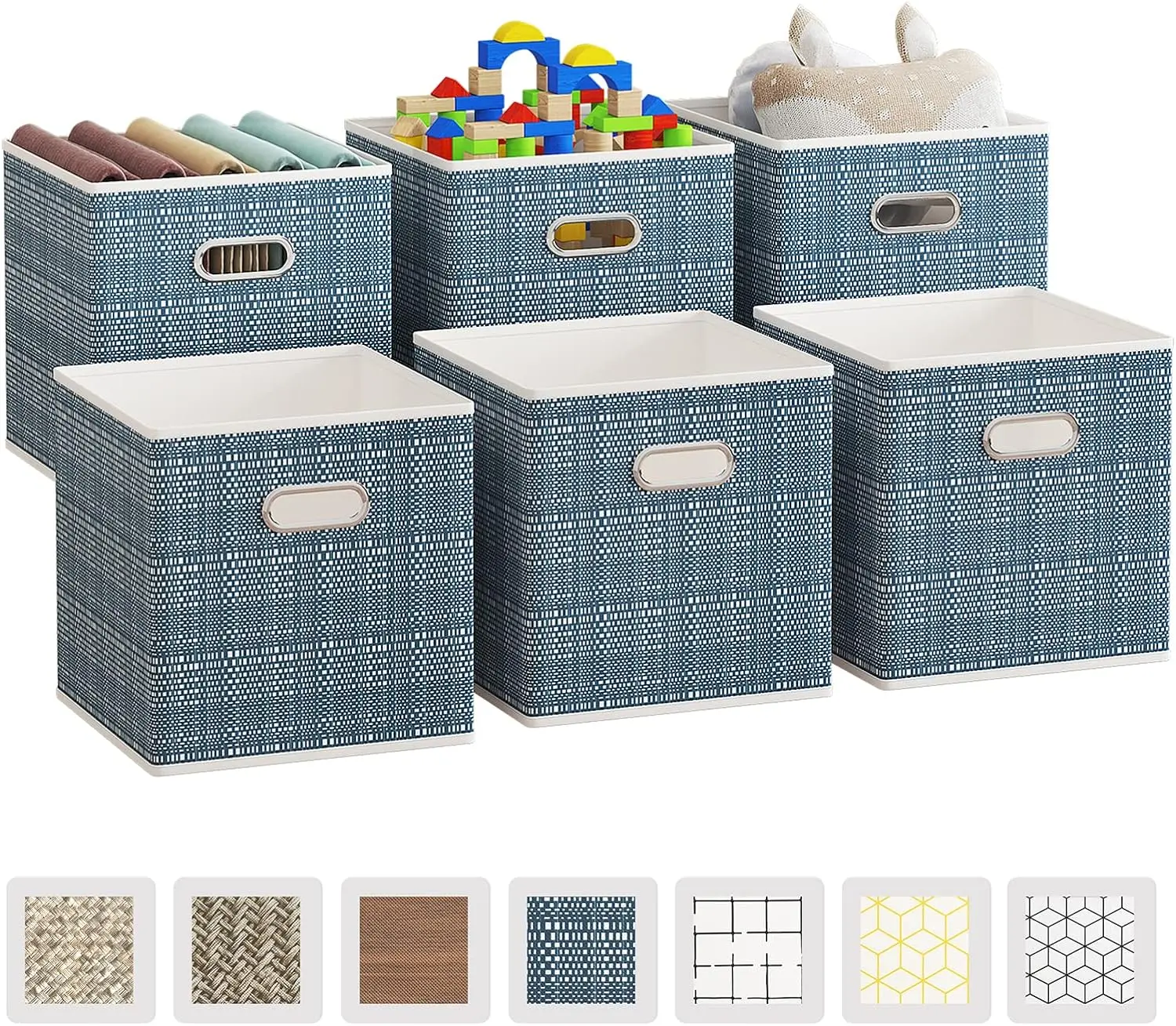 6 Pack Fabric Storage Cubes with Oval Grommets, Foldable 11 Inch Cube Storage Bins, Storage Baskets for Shelves, Storage Boxes for Organizing Closet Bins, Blue Cotton Light Organiser Room