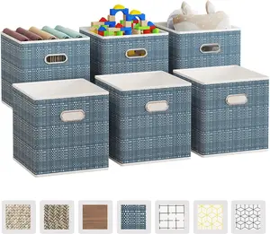 6 Pack Fabric Storage Cubes with Oval Grommets, Foldable 11 Inch Cube Storage Bins, Storage Baskets for Shelves, Storage Boxes for Organizing Closet Bins, Blue Cotton Light Organiser Room